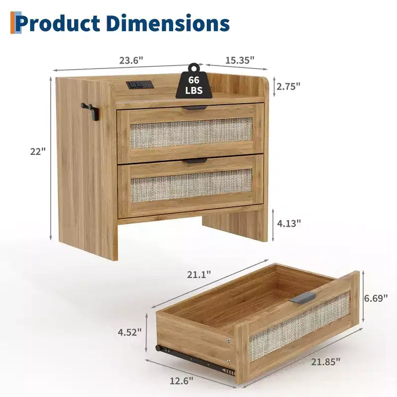 Lot de 2 tables de chevet en rotin avec station de recharge Type-C, style bohème, 2 tiroirs aspect rotin, pour chambre
