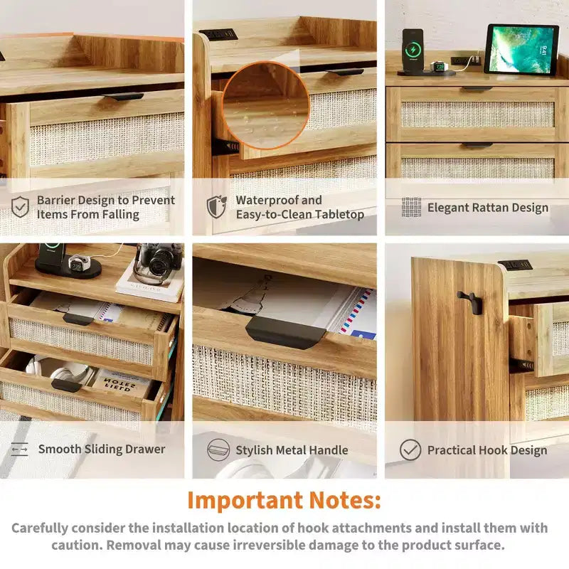 Lot de 2 tables de chevet en rotin avec station de recharge Type-C, style bohème, 2 tiroirs aspect rotin, pour chambre