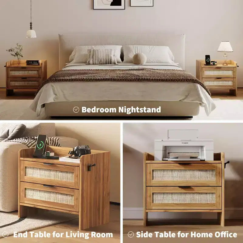 Lot de 2 tables de chevet en rotin avec station de recharge Type-C, style bohème, 2 tiroirs aspect rotin, pour chambre