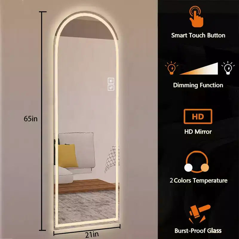 Espejo moderno de arco, de cuerpo entero, de 65 pulgadas de alto, con LED y modos de luz ajustables