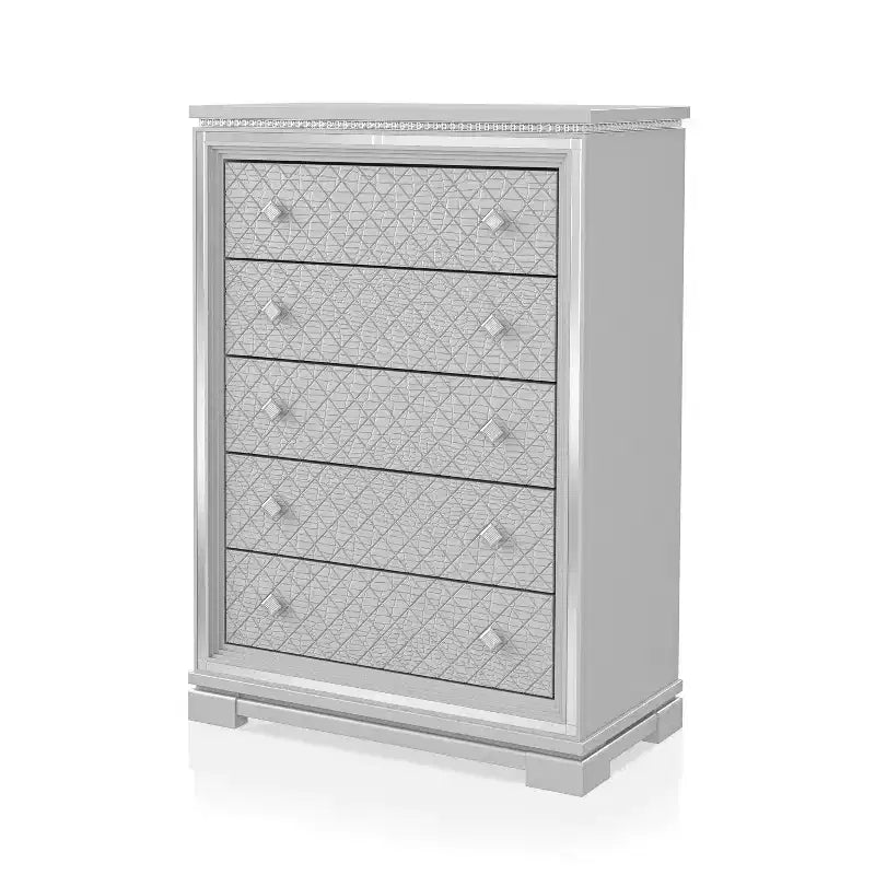 Cómoda de 5 cajones color plata, acabado plateado moderno, amplio espacio de almacenamiento para organizar el dormitorio