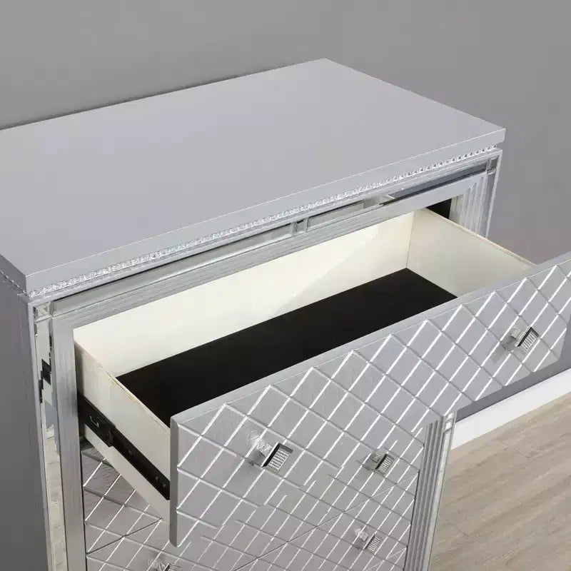 5 Drawer Chest Silver, Modern Silver Finish Dresser, Spacious Storage Chest for Bedroom Organization