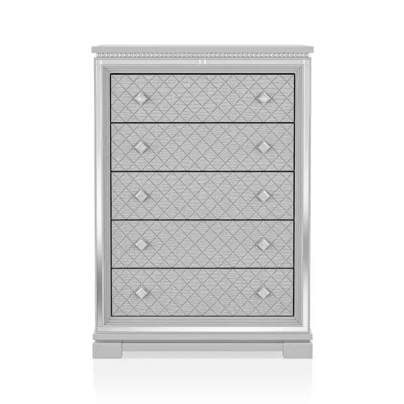5 Drawer Chest Silver, Modern Silver Finish Dresser, Spacious Storage Chest for Bedroom Organization
